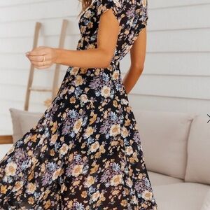 Hello Molly Black Midi Dress with Yellow and Lavender Florals